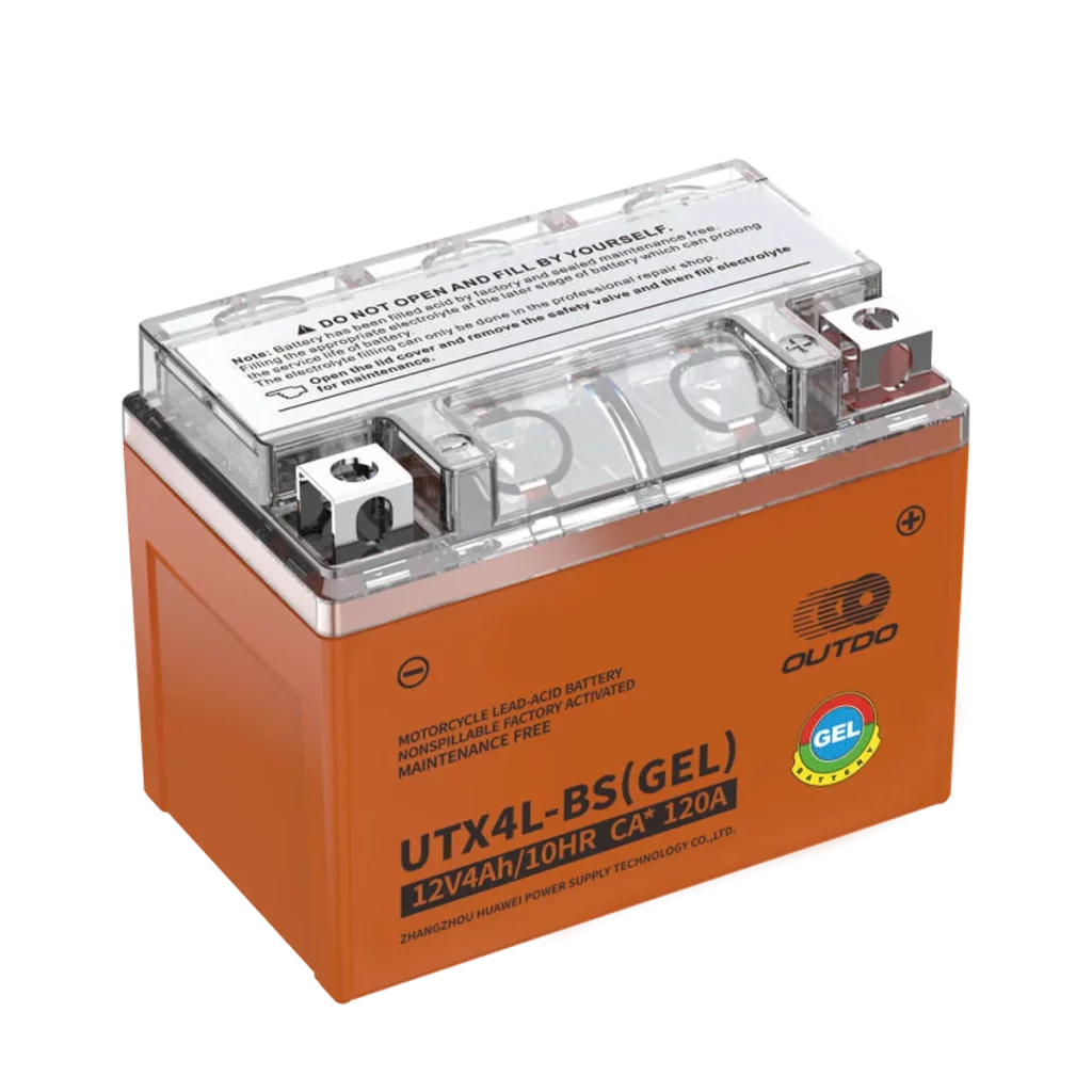 An orange case UTX4L-BS(GEL) 12V 4Ah maintenance-free gel motorcycle battery with a transparent top cover and sealed design.