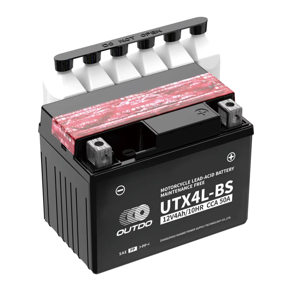 A black UTX4L-BS 12V 4Ah dry charged maintenance-free motorcycle lead-acid battery with terminal connectors and acid pack.
