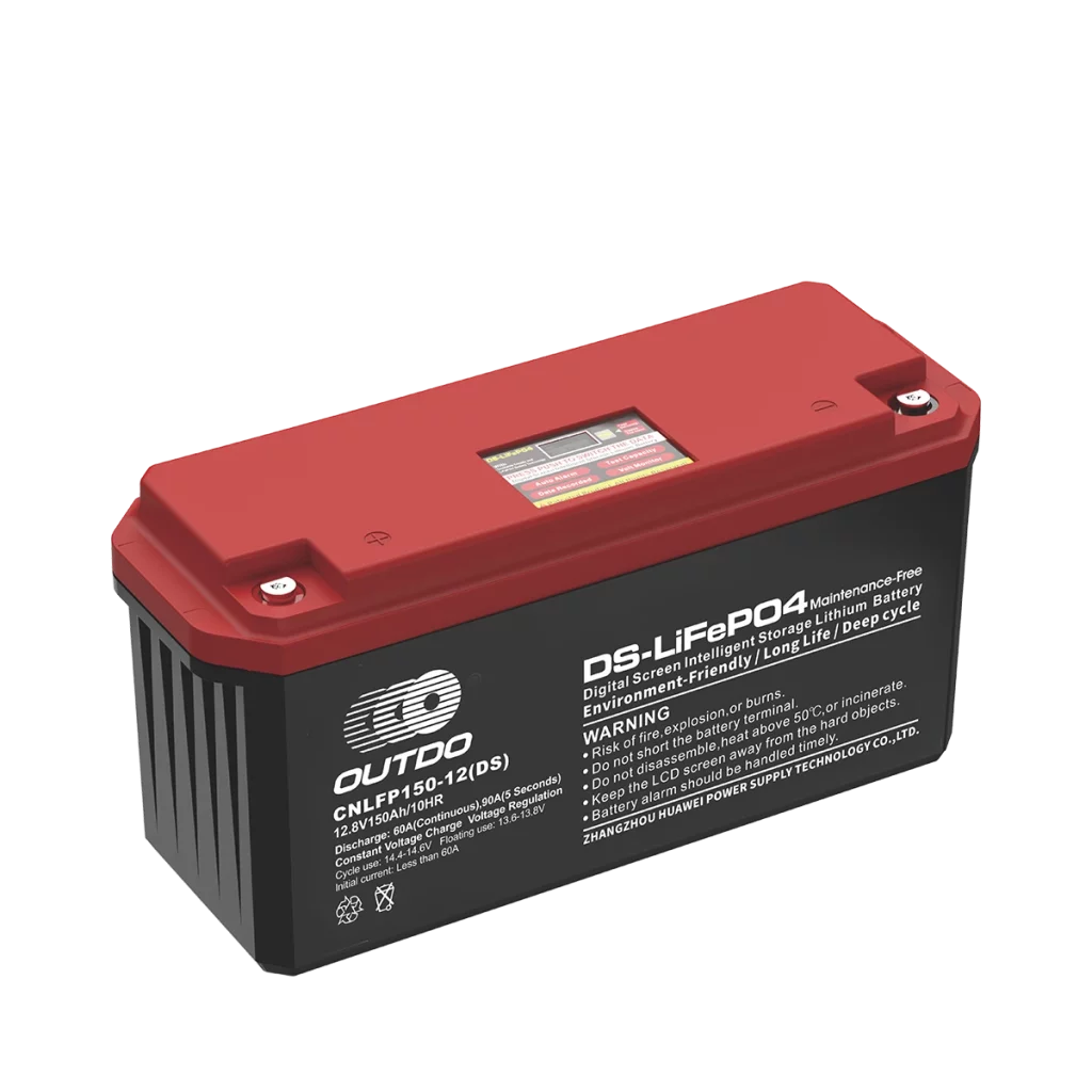 A black case and a red top Outdo CNLFP150-12(DS) DS-LiFePO4 Digital Screen Intelligent Storage Lithium Battery