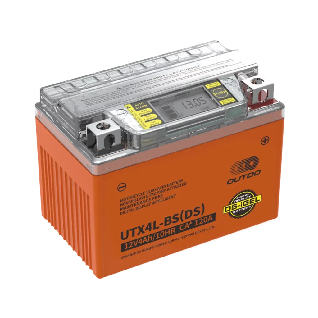 An orange case UTX4L-BS(DS) 12V 4Ah motorcycle gel battery with digital display.