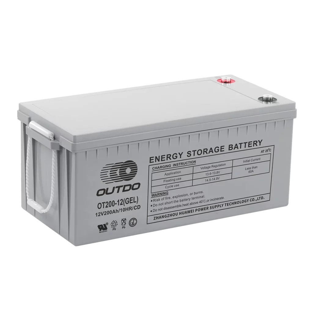 A white Outdo OT200-12 gel battery, designed for energy storage. The battery has a white handle on the side and a label indicating it's a 12V 200Ah battery. The label also provides charging instructions and warnings.