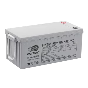 A white Outdo OT200-12 gel battery, designed for energy storage. The battery has a white handle on the side and a label indicating it's a 12V 200Ah battery. The label also provides charging instructions and warnings.