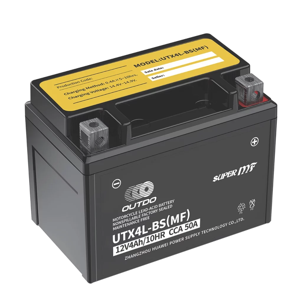 UTX4L-BS(MF) 12V4Ah/10HR CCA 50A black motorcycle battery with yellow label