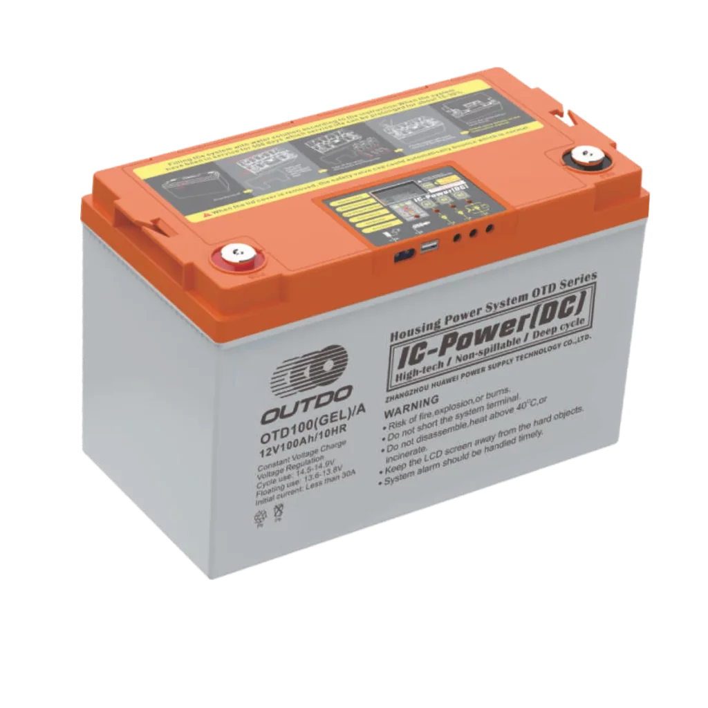 An orange and white Outdo OTD100 gel battery. The battery has a label indicating it's a 12V 100Ah battery and provides charging instructions and warnings. The label also mentions "IC-Power(DC)", "High-tech", "Non-spillable", and "Deep cycle".