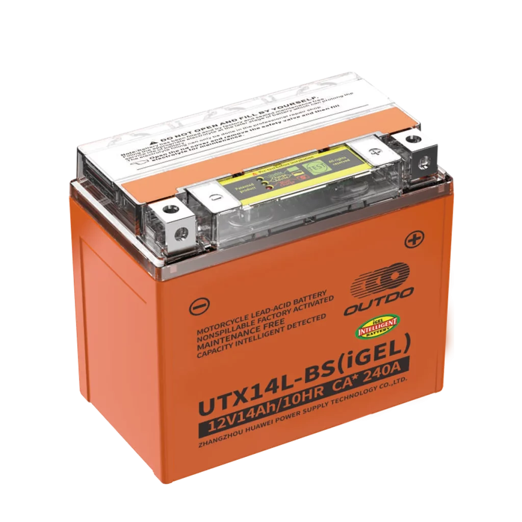 UTX14L-BS(iGEL) 12V 14Ah motorcycle gel battery with intelligent capacity detection and orange case