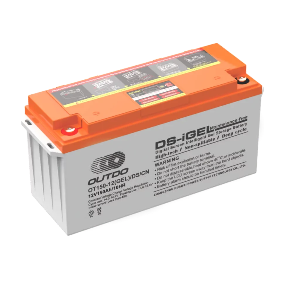 An orange and white Outdo OT150-12 gel battery. The battery has a label indicating it's a 12V 150Ah battery and provides charging instructions and warnings. The label also mentions "DS-iGEL", "Digital Screen Intelligent Gel Storage Battery", "High-tech", "Non-spillable", and "Deep cycle".