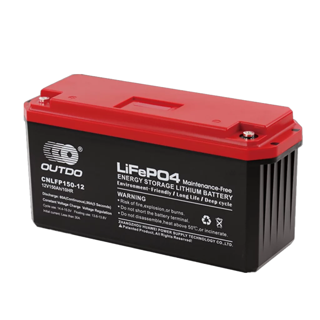 Black and red Outdo CNLFP150-12 Lithium Iron Phosphate battery for energy storage, 12V 150Ah.