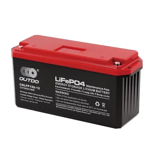 Black and red Outdo CNLFP150-12 Lithium Iron Phosphate battery for energy storage, 12V 150Ah.