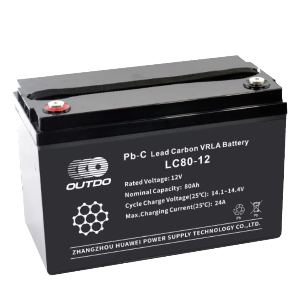 A black Outdo LC80-12 12V 80Ah Lead Carbon VRLA Rechargeable Sealed Battery.