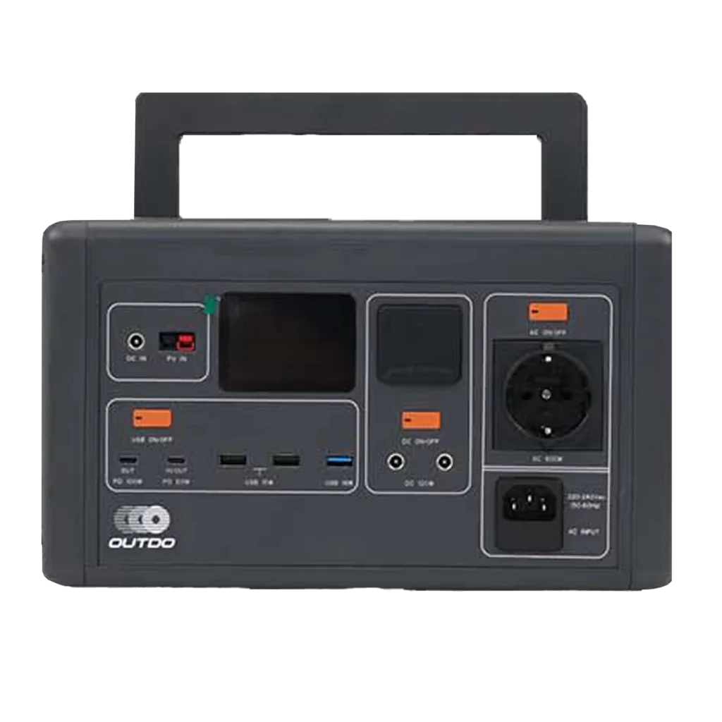Outdo portable power station with handle and power socket.
