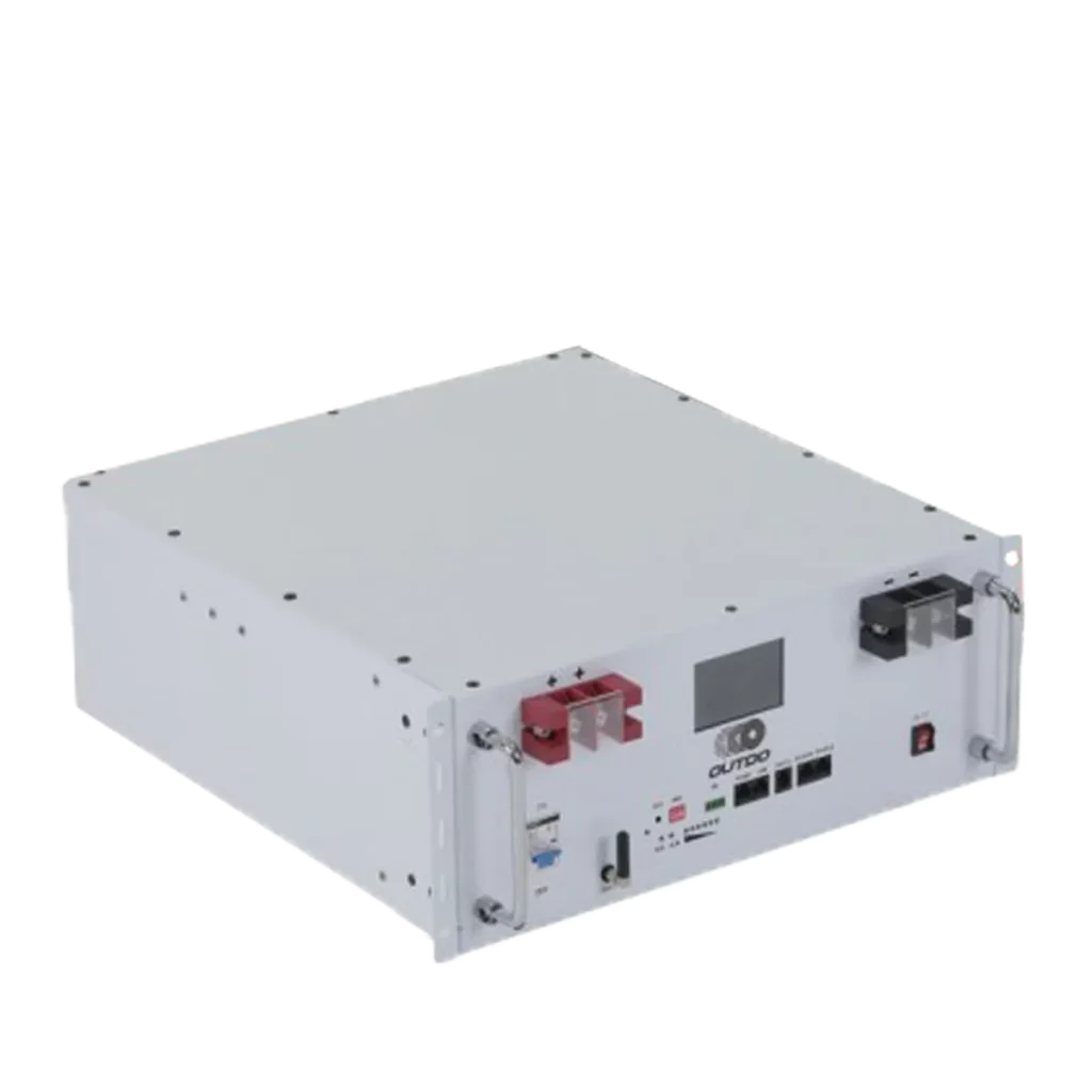 A white rack-mountable Outdo Semi-Solid Lithium Iron Phosphate battery with connectors and display.