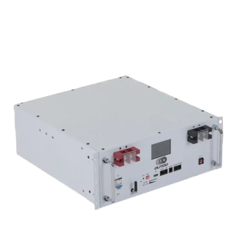 A white rack-mountable Outdo Semi-Solid Lithium Iron Phosphate battery with connectors and display.