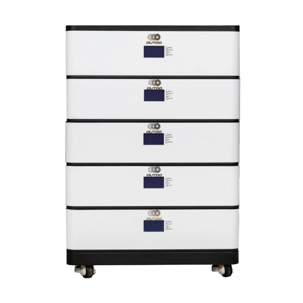 White Outdo modular energy storage system with five stacked units and digital displays, on casters