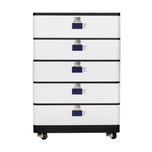 White Outdo modular energy storage system with five stacked units and digital displays, on casters