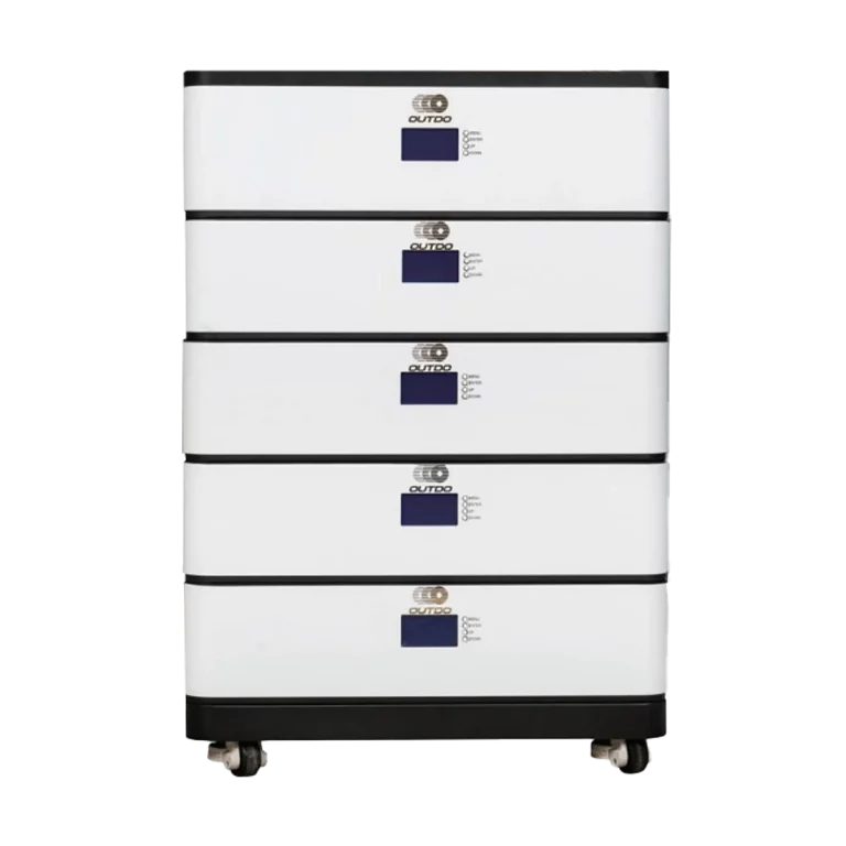 White Outdo modular energy storage system with five stacked units and digital displays, on casters