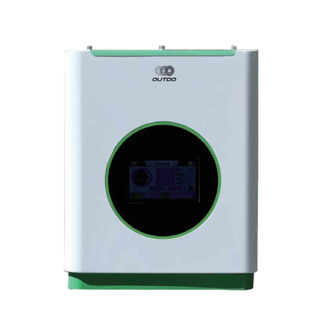 A white OUTDO solar inverter featuring a circular screen.
