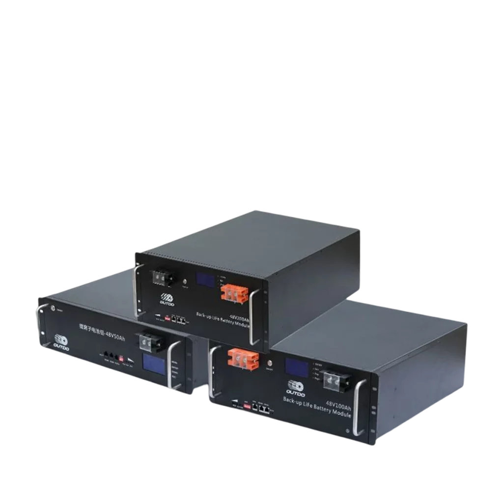 Tower stack of Outdo 48V 100Ah Lithium Iron (LiFe) battery modules with black case