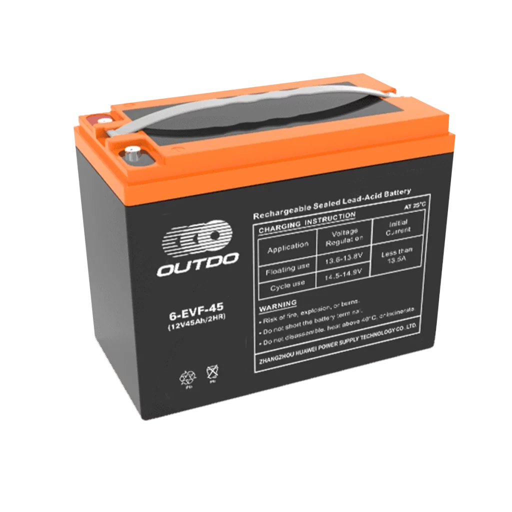 A black Outdo 6-EVF-45 rechargeable sealed lead-acid battery with an orange top. The battery has a label indicating it's a 12V 45Ah battery and provides charging instructions and warnings.