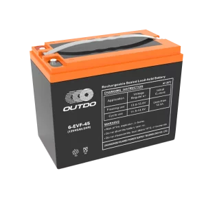 A black Outdo 6-EVF-45 rechargeable sealed lead-acid battery with an orange top. The battery has a label indicating it's a 12V 45Ah battery and provides charging instructions and warnings.