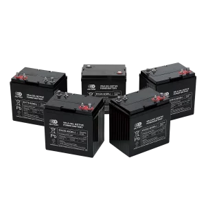 Five black Outdo VRLA gel motive power batteries are arranged in a semi-circle. The batteries are labeled with different model numbers and specifications. The text "VRLA GEL MOTIVE POWER BATTERY" is visible on each battery.