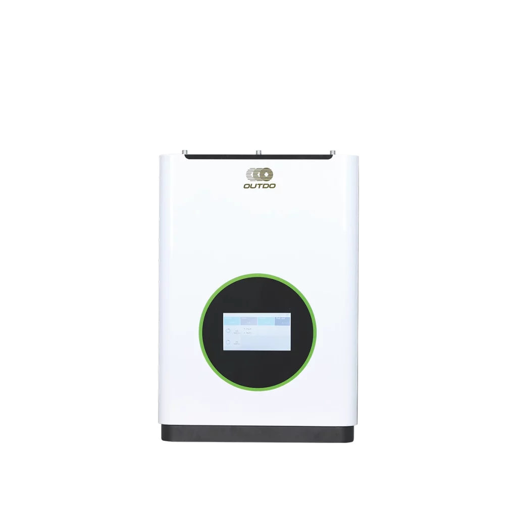 A white case of Outdo wall mounted Lithium-Ion energy storage with digital screen.
