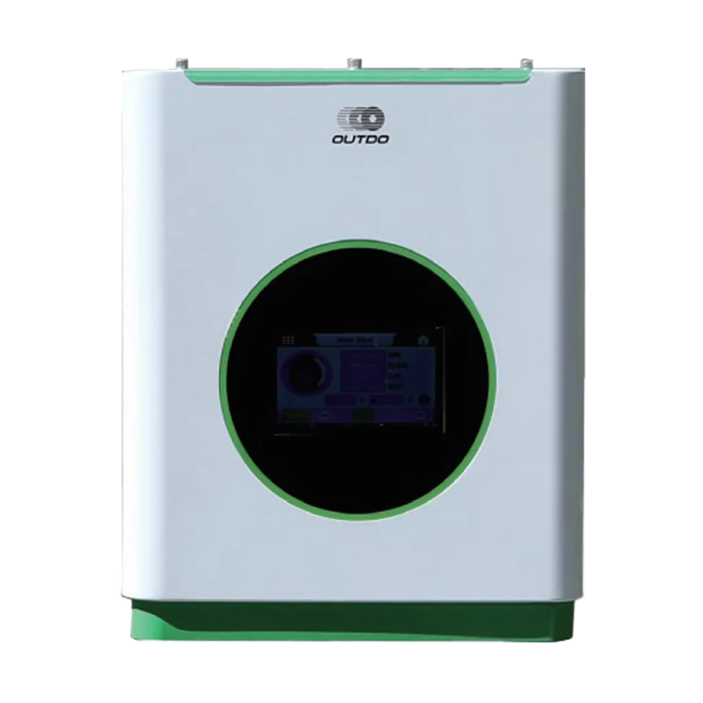 A white OUTDO solar inverter featuring a circular screen.