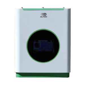 A white OUTDO solar inverter featuring a circular screen.