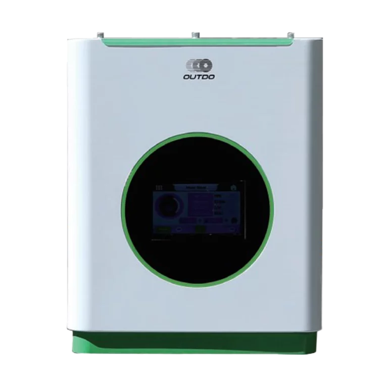 A white OUTDO solar inverter featuring a circular screen.