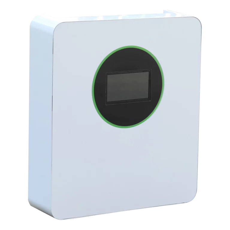 White push pull semi-solid energy storage unit with a black circular center and digital display screen.