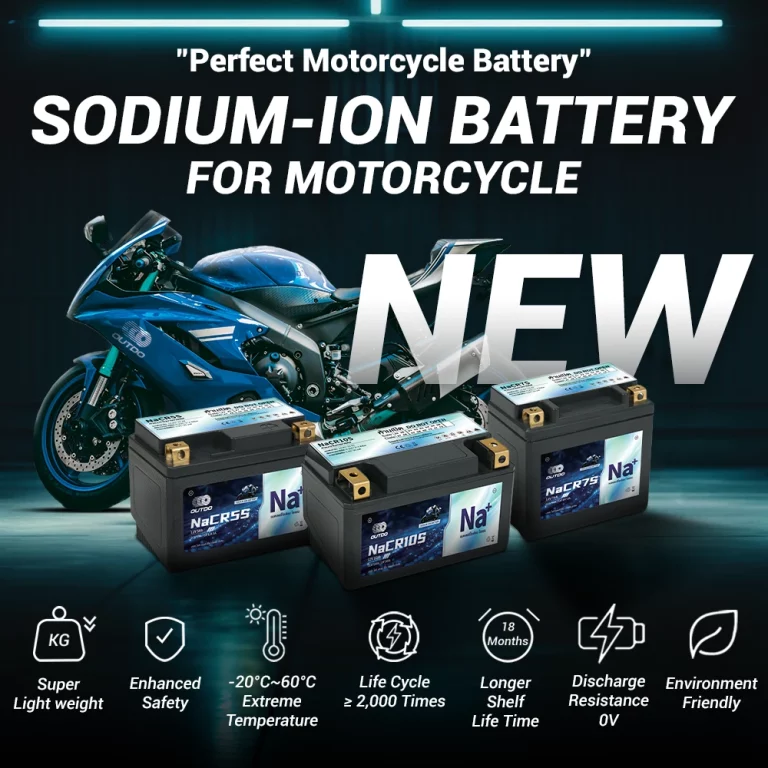 New Sodium-Ion battery for motorcycles by OUTDO with 2000 cycle life and extreme temperature resistance.