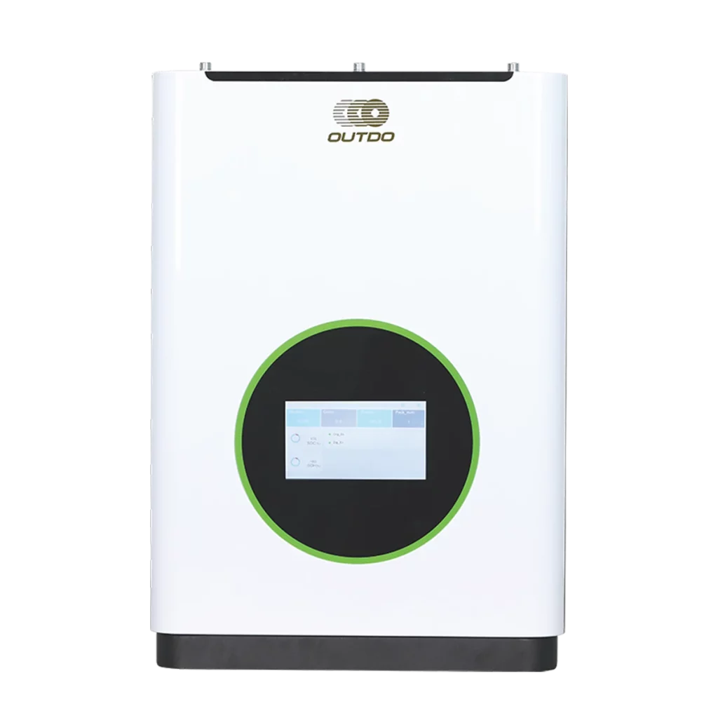 A white case of Outdo wall mounted Lithium-Ion energy storage with digital screen.