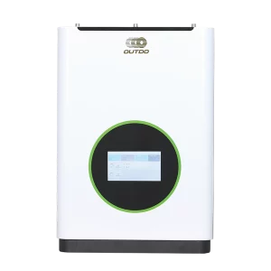 A white case of Outdo wall mounted Lithium-Ion energy storage with digital screen.