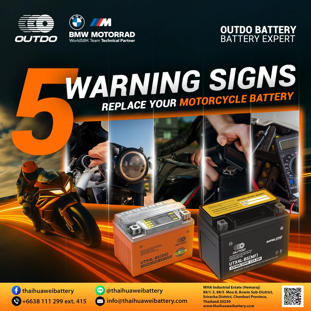 5 warning signs to replace your motorcycle battery featuring OUTDO UTX4L-BS(DS) and UTX4L-BS(MF) models.
