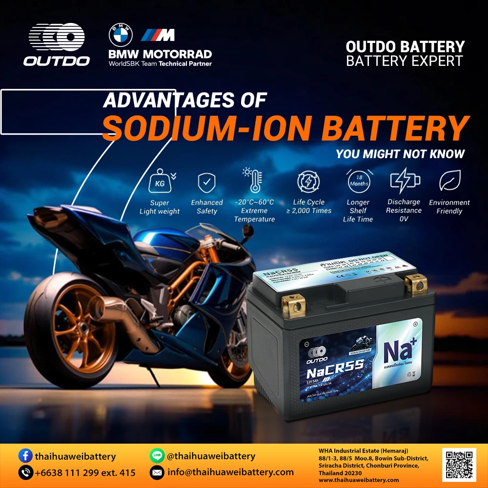 Infographic listing 7 advantages of OUTDO sodium-ion batteries, alongside a motorcycle image.