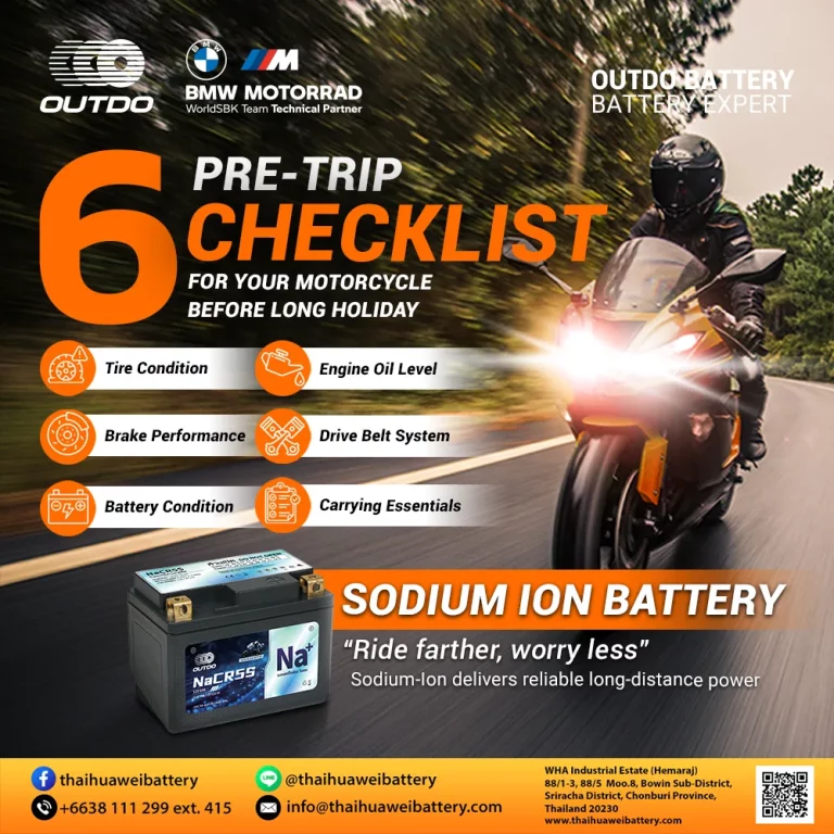 Motorcycle pre-trip checklist infographic with six safety checks and Outdo sodium-ion battery.