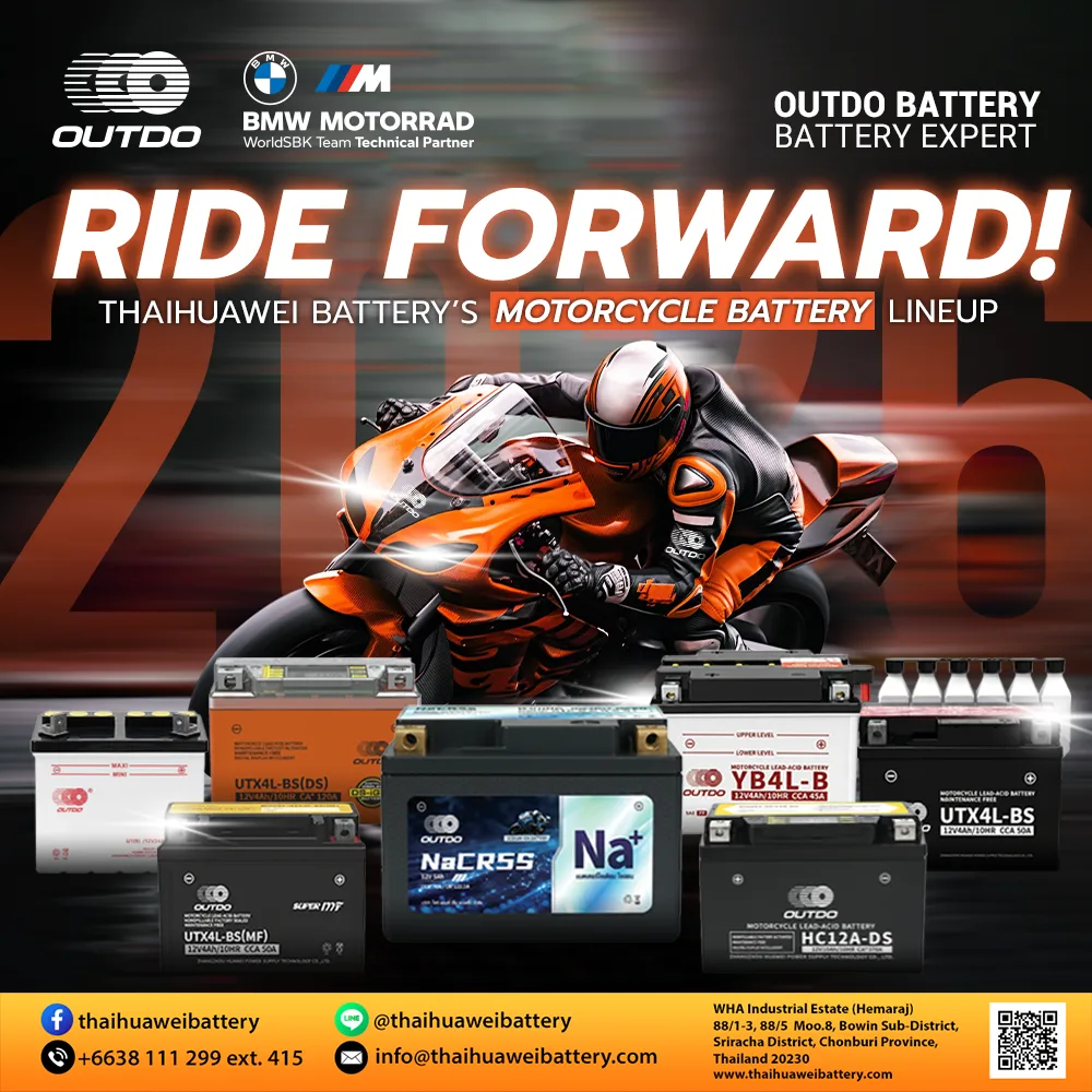 Poster showing a professional motorcycle racer on an orange sportbike alongside Outdo motorcycle batteries, including a sodium-ion and lead-acid batteries.