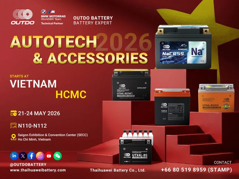 Thaihuawei Battery at Autotech and Accessories 2026 expo in Ho Chi Minh City Vietnam, showcasing motorcycle batteries.